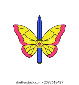 Y2k mariposa guerrero de la espada arma afilada elemento de caricatura groovy estilo icono vector ilustración plana. Hermoso insecto ornamental funky elemento decorativo pegatina de moda para la impresión de camisetas
