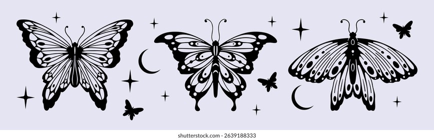 Y2K butterfly tattoo designs with celestial elements - black silhouettes with detailed wings, stars and moon symbols. Retro gothic aesthetic collection for body art, nostalgic fashion graphics.