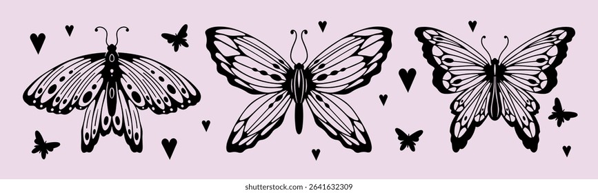 Y2K butterfly tattoo designs with celestial elements - black silhouettes with detailed wings, heart symbols. Retro gothic aesthetic collection for body art, nostalgic fashion graphics.