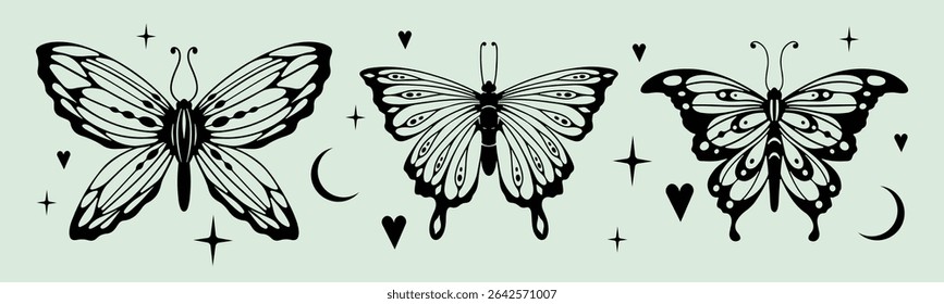 Y2K butterfly tattoo designs with celestial elements - black silhouettes with detailed wings, stars and moon symbols. Retro gothic aesthetic collection for body art, nostalgic fashion graphics.