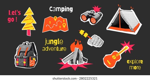 Y2K camping halftone collage element set. Jungle adventure fun scrapbook sticker with doodle. Cut out vector Illustration.