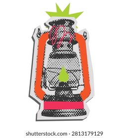 Y2K camping lantern halftone collage element. Jungle adventure funky scrapbook sticker with doodle. Cut out vector Illustration.