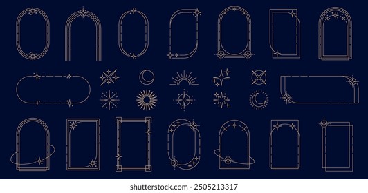 Y2K celestial frames, arches and border elements in minimal golden line, vector geometric shapes. Y2K star twinkles with celestial crescent moon and sun for esoteric Tarot or magic occult frames