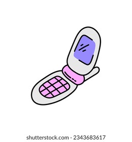 Y2k Cellphone doodle. Vintage mobile phone in cartoon doodle style. 2000s nostalgia retro. Vector illustration