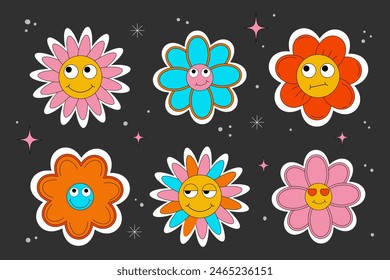 y2k character. Groovy cartoon retro flowers. Sticker pack. Comic daisy flowers with eyes on a dark background. Vector illustration in trendy retro cartoon style.