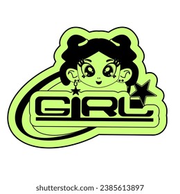 Y2K characters girl stickers. Retro futuristic elements for design. Trendy elements in vaporwave acid style. Retro girl, stars and futuristic items