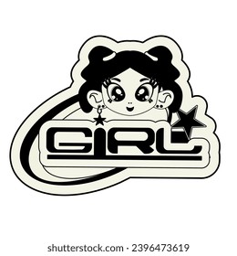 Y2K characters girl stickers. Retro futuristic elements for design. Trendy elements in vaporwave acid style. Retro girl, stars and futuristic items