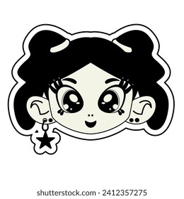 Y2K characters girl stickers. Retro futuristic elements for design. Trendy elements in vaporwave acid style. Retro girl, stars and futuristic items