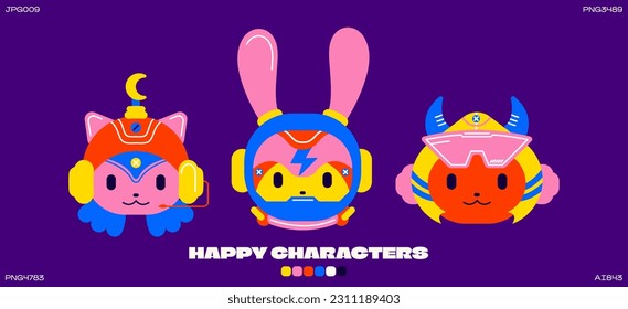 y2k characters robots futuristic retro cartoon style. Animal head mascots in the future style. 90s groovy retro cyber characters