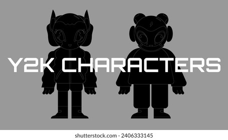 y2k characters robots futuristic retro cartoon style. Mascots in the future style. 90s groovy retro cyber characters