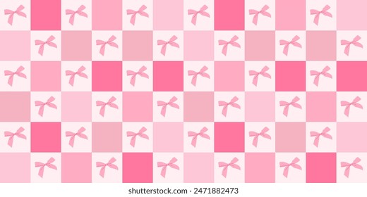 Y2k checkered pattern with pink bows. Trendy hair braiding ribbon. Gingham background with braiding accessories. Cozy chessboard pattern. Vector wallpaper for print templates or textiles.