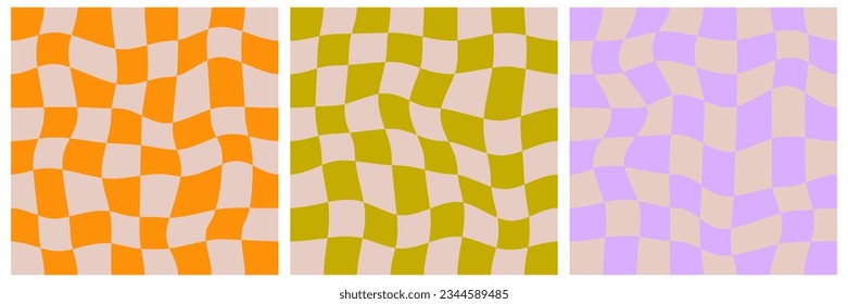 Fondo retro a cuadros Y2k. Cuto cuadrado groovy abstracto patrón sin costuras. Un tablero de ajedrez onado para el afiche funky. Papel pintado de diseño de los años 90. Ilustración del vector
