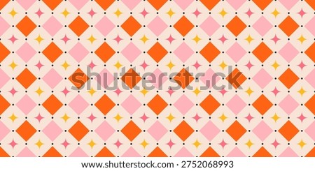 Y2k Checkered Seamless Pattern with Sparkling Stars. Cute colourful circus carnival background. Pink and orange checkerboard. Vintage or retro print for wrapping paper. Vector illustration art