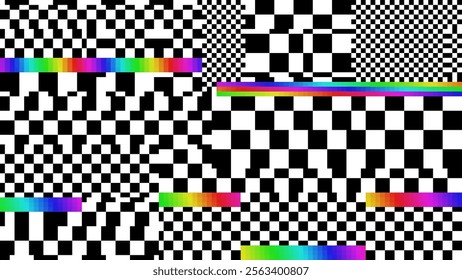 Y2K Checkers Pixel Glitch Effect Abstract Background. Glitched Stripes and Random Pixels Television Screen. Distorted Glitch Effect. NO SIGNAL TV Frame Vector.