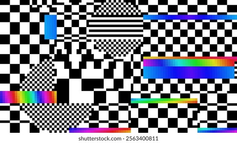 Y2K Checkers Pixel Glitch Effect Abstract Background. Glitched Stripes and Random Pixels Television Screen. Distorted Glitch Effect. NO SIGNAL TV Frame Vector.