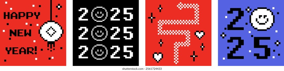 Y2k Chinese New Year 2025 greeting card set in tech style. Pixel art. Mood of 90s aesthetics. 8 bit retro style vector illustration. Simple geometric sticker. Snake symbol. Game abstract elements