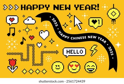 Y2k Chinese New Year pixel icon set. Game abstract elements. Mood of 90s aesthetics. 8 bit retro style vector illustration. Yellow background. Modern collage sticker. Smile face, symbol, snake, cloud