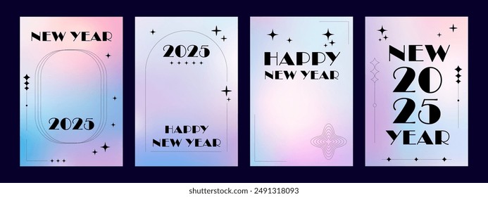 Y2k Christmas aesthetic posters set. 2025 New Year gradient background trendy style. Y2k element minimalist design. Aesthetic vector illustration