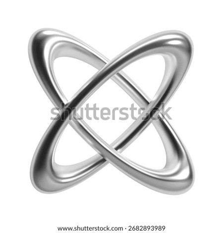 Y2K chrome 3d abstract symbol with interlaced metallic loops forming an X-shaped figure in silver, retrofuturism and cosmic aesthetics