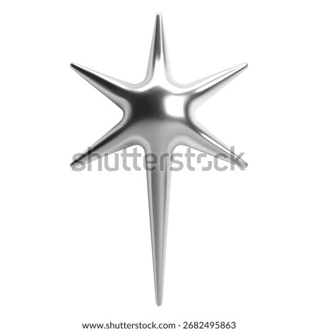 Y2K chrome 3d star symbol with elongated starburst form and glossy metallic silver surface