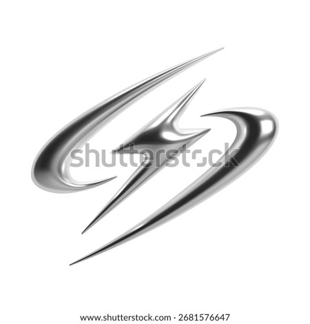 Y2K chrome 3D symbol with sharp glossy metallic curves and a lightning-like core in silver