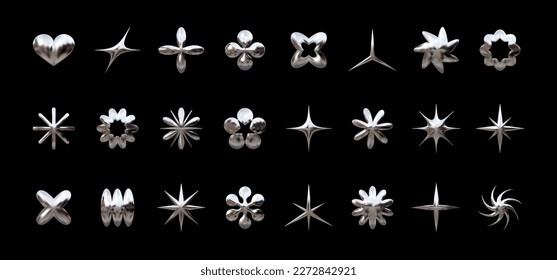 Elementos cromados Y2K para el diseño - estrellas, flores y otras formas geométricas simples. Colección a la moda de figuras abstractas vectoriales con un brillante efecto metálico