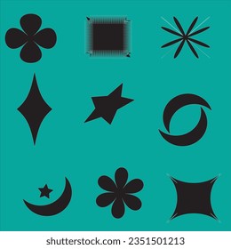 Y2K chrome elements for design - stars, flowers, and other simple geometric shapes. Trendy collection of vector abstract figures with a shiny metallic effectSet of Brutalist Geometric Shapes Vector De