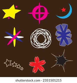 Y2K chrome elements for design - stars, flowers, and other simple geometric shapes. Trendy collection of vector abstract figures with a shiny metallic effectSet of Brutalist Geometric Shapes Vector De