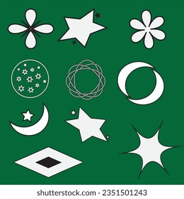 Y2K chrome elements for design - stars, flowers, and other simple geometric shapes. Trendy collection of vector abstract figures with a shiny metallic effectSet of Brutalist Geometric Shapes Vector De