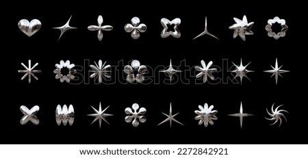 Y2K chrome elements for design - stars, flowers, and other simple geometric shapes. Trendy collection of vector abstract figures with a shiny metallic effect