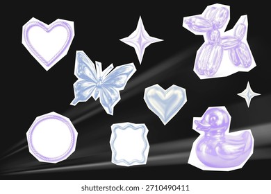 Y2K chrome halftone sticker set with butterfly, duck and hearts
