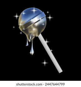 Y2k chrome liquid lollipop. Melting ball of sparkles in a smooth metallic texture. Vector illustration of 3D candy.