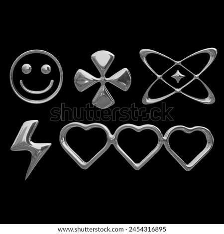 Y2K Chrome Metal Element Set of 6 Characters on Black Background. Set of metal 3D symbols in Y2K style on black background. Smiley, Cross, Atom, Lightning, Hearts