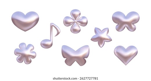 Y2k chrome shapes vector 3d set. Heart, flower, butterfly and music note design elements isolated. Shining metal effect, liquid abstract sticker collection. Trendy futuristic illustration