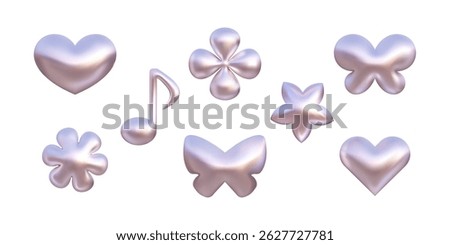 Y2k chrome shapes vector 3d set. Heart, flower, butterfly and music note design elements isolated. Shining metal effect, liquid abstract sticker collection. Trendy futuristic illustration