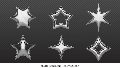 Y2k chrome stars set isolated on transparent background. Vector realistic illustration of abstract 3d silver elements, liquid mercury bubbles, shiny steel geometric figures, retro futuristic aesthetic