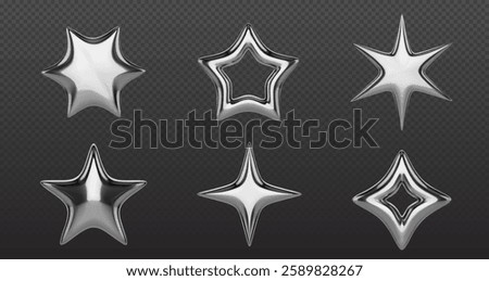 Y2k chrome stars set isolated on transparent background. Vector realistic illustration of abstract 3d silver elements, liquid mercury bubbles, shiny steel geometric figures, retro futuristic aesthetic