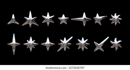 Y2K chrome stars in various shapes. Set of metallic vector elements in retro futuristic style