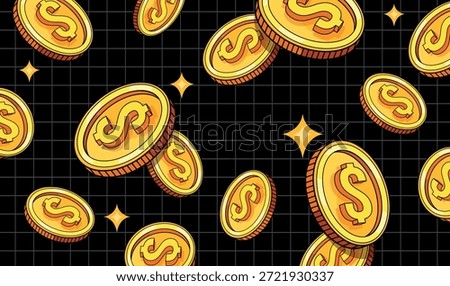 Y2k coins. Falling dollar gold coin grid background flying money cash rain retro video game bonus crypto investment concept golden token casino win jackpot neat vector illustration