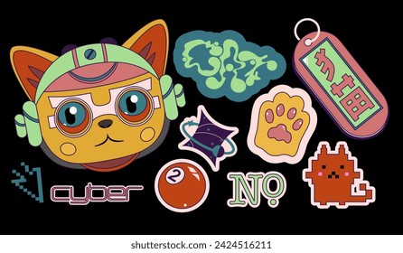 Y2k collection groovy stickers. Funky hipster 90s style stickers cat robots futuristic.  Funky, hipster retrowave stickers in geometric shapes. Pop Art Set Sticker Pack.
Translation from Chinese - cat