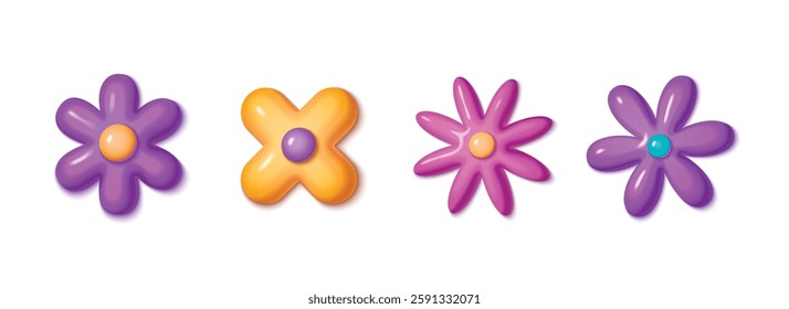 Y2k color flowers set isolated on white background. Vector realistic illustration of puffy floral shape icons with purple, pink and yellow petals, creative 3D stickers for trendy banner, greeting card