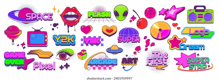Y2k colorful abstract shape and sticker. Cartoon vector illustration set of symbols in 2000s and brutalist style design. Retro futuristic collection of cool graphic forms. Vintage psychedelic elements