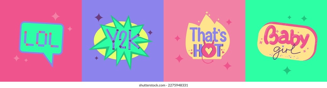 Y2K colorful banner. Late 90s early 2000s. Trendy, free, futuristic, fun aesthetic. Nostalgia concept. Vector illustration in pink, lime, violett, lemon colors. Bright icons, signs collection