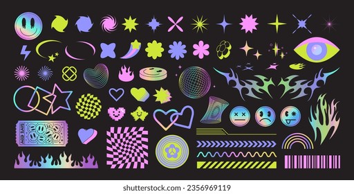 y2k colorful geometric shapes, figures, icons. Set of abstract acid rave elements. Retro funky flowers, stars, emoji, checkered pattern, hearts. Holographic stickets in rainbow colors. Vector design