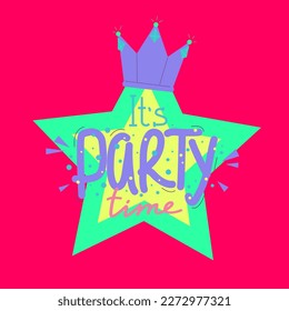 Y2K colorful image. Party time. Late 90s early 2000s. Trendy, free, futuristic, fun aesthetic. Nostalgia concept. Vector illustration in pink, lime, violett colors. Bright icon, sign, symbol
