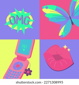 Y2K colorful images set. Late 90s early 2000s. Trendy, free, futuristic, fun aesthetic. Nostalgia concept. Vector illustration in pink, lime, violett, lemon colors. Bright icons, signs collection