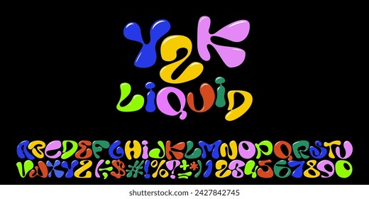 Y2K colorful liquid bubble letters. Cartoon bubble English font or alphabet. Groovy typography. Retro hippie ABC and numbers. Funny ballon font style. 3D vector illustration. Abstract plastic font.
