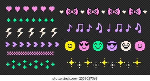 Y2k colorful text dividers. Pixel art. Simple geometric icon set line pattern with heart, bow, arrow, smile, emoji, music note. Retro trendy style. Video game abstract element. Editable vector design