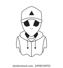 Y2k comic alien in cap and hoodie portrait psychedelic outline icon vector flat illustration. Surreal hallucinogen humanoid UFO in fashion outfit contemporary pop art monochrome t shirt print