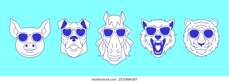 Y2k comic animal portrait in sunglasses contemporary pop art line icon set vector flat illustration. Funky pig horse tiger wolf and dog head wearing stylish summer eyeglasses fashion concept